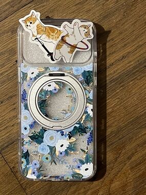 Clear Floral Phone Case with Silver Ring Stand - Blue & White